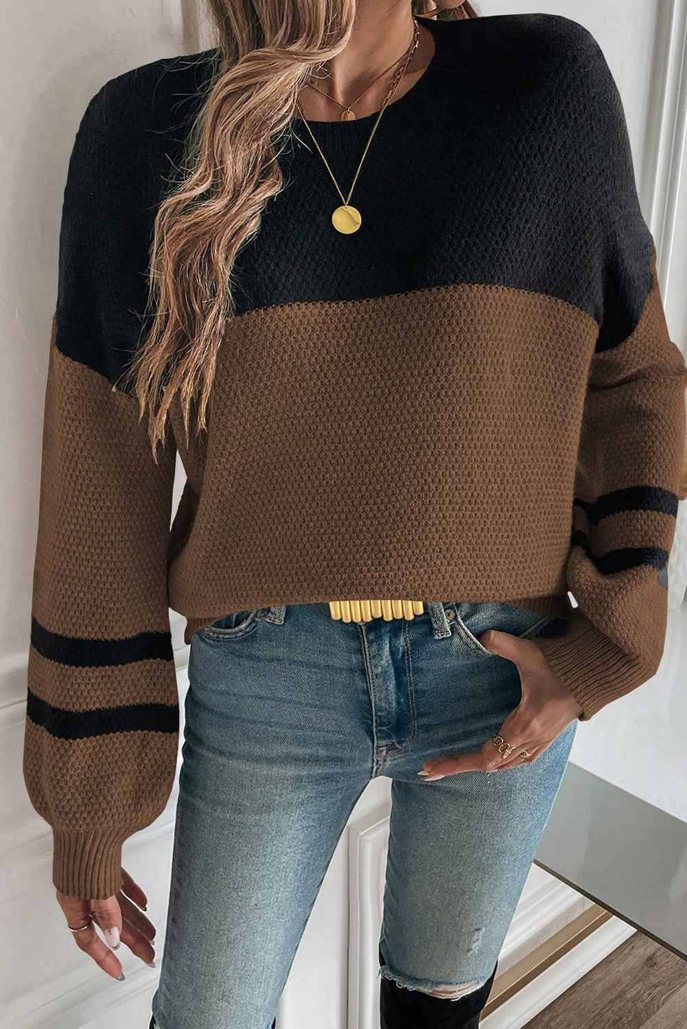 Dark Brown Color Block Knit Striped Sleeve Detail Casual Sweater by Wild and Free Boutique