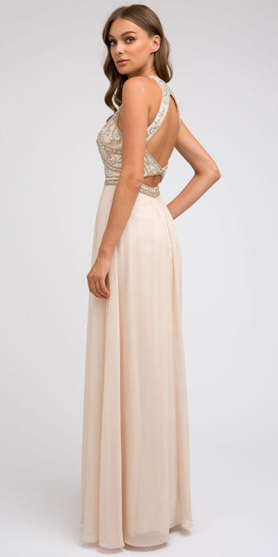 Juliet 609 A Line Chiffon Floor Length Gown Cut Out Back by DiscountDressShop