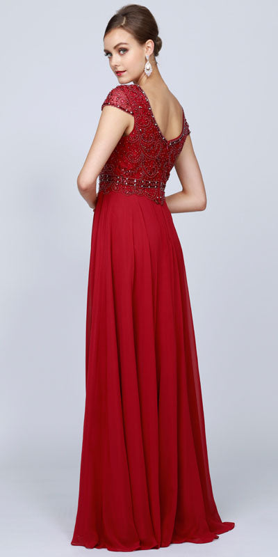 Juliet 657 Cap Sleeves Beaded Bodice A-line Long Dress by DiscountDressShop