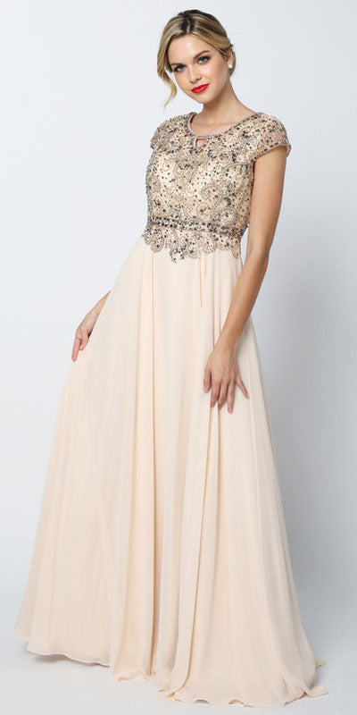 Juliet 657 Cap Sleeves Beaded Bodice A-line Long Dress by DiscountDressShop