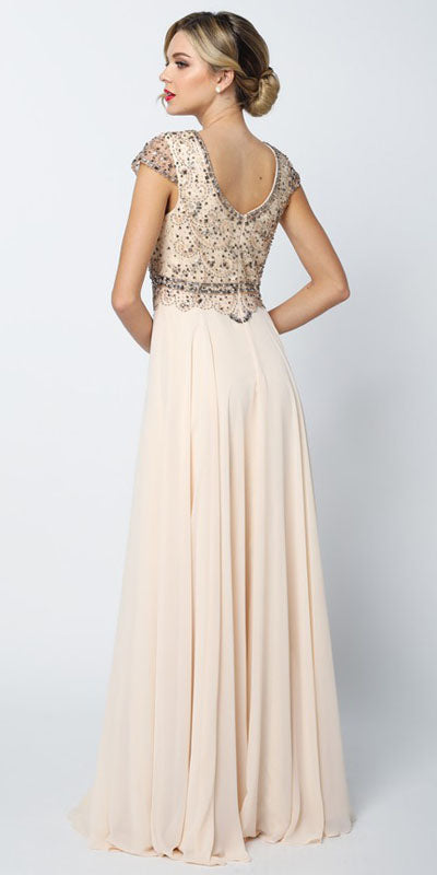 Juliet 657 Cap Sleeves Beaded Bodice A-line Long Dress by DiscountDressShop