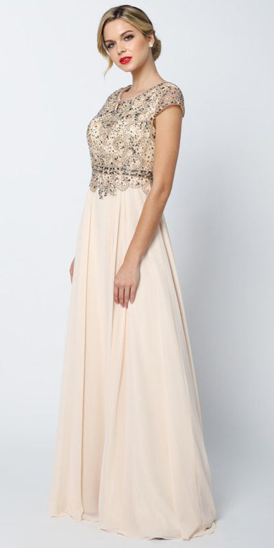 Juliet 657 Cap Sleeves Beaded Bodice A-line Long Dress by DiscountDressShop