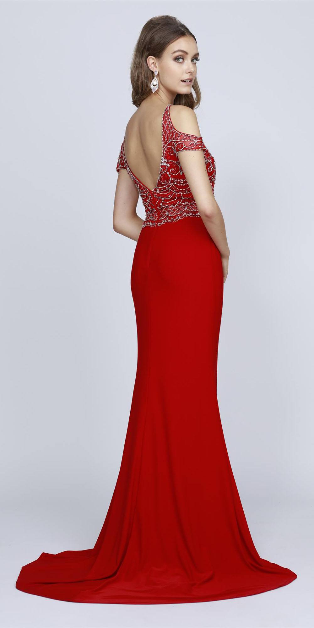 Juliet 660 Cold Shoulder Gown with V-Shape Open Back and Train by DiscountDressShop