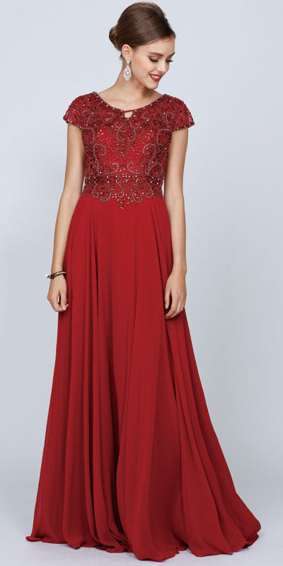 Juliet 657 Cap Sleeves Beaded Bodice A-line Long Dress by DiscountDressShop
