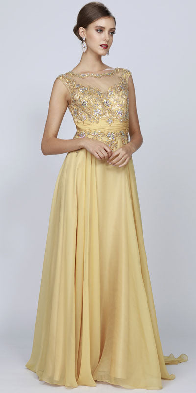 Juliet 552 Long Jewel Neckline Studded Bodice A-Line Gown by DiscountDressShop