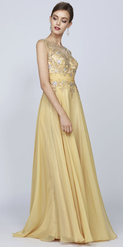 Juliet 552 Long Jewel Neckline Studded Bodice A-Line Gown by DiscountDressShop