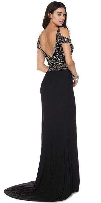 Juliet 660 Cold Shoulder Gown with V-Shape Open Back and Train by DiscountDressShop