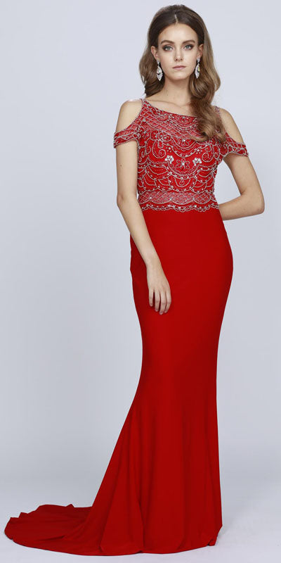 Juliet 660 Cold Shoulder Gown with V-Shape Open Back and Train by DiscountDressShop