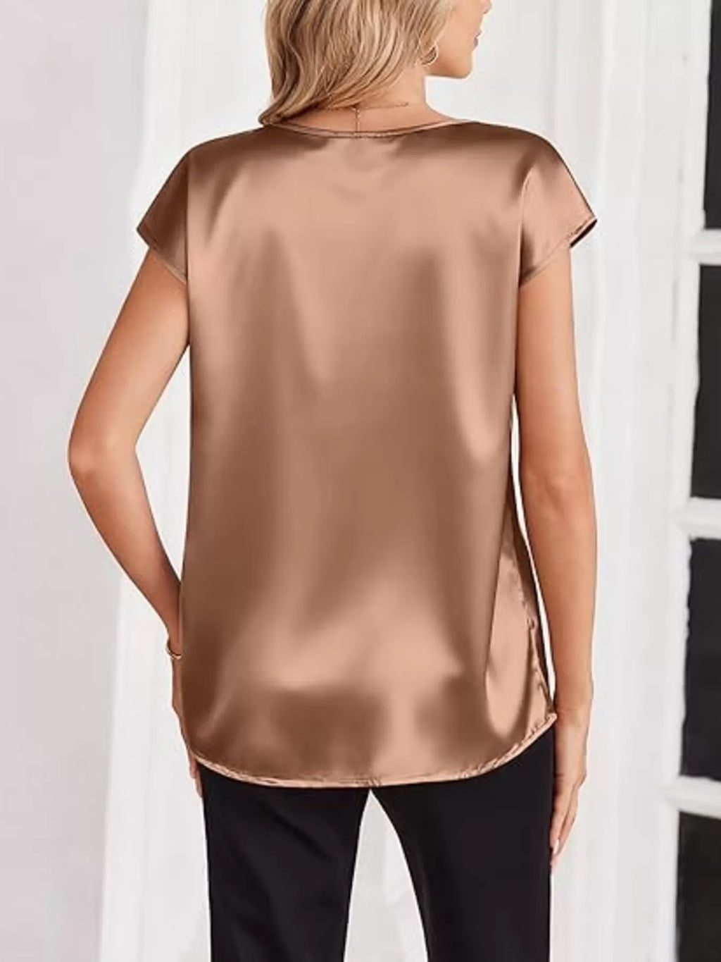 Satin V-Neck Short Sleeve Blouse by Wild and Free Boutique
