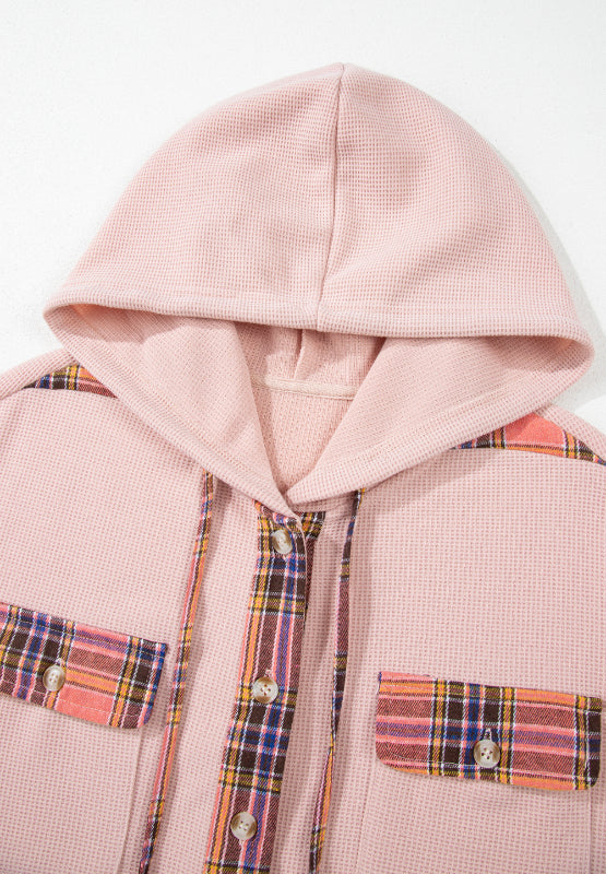 Waffle Knit Plaid Patchwork Drawstring Hooded Shacket by Wild and Free Boutique