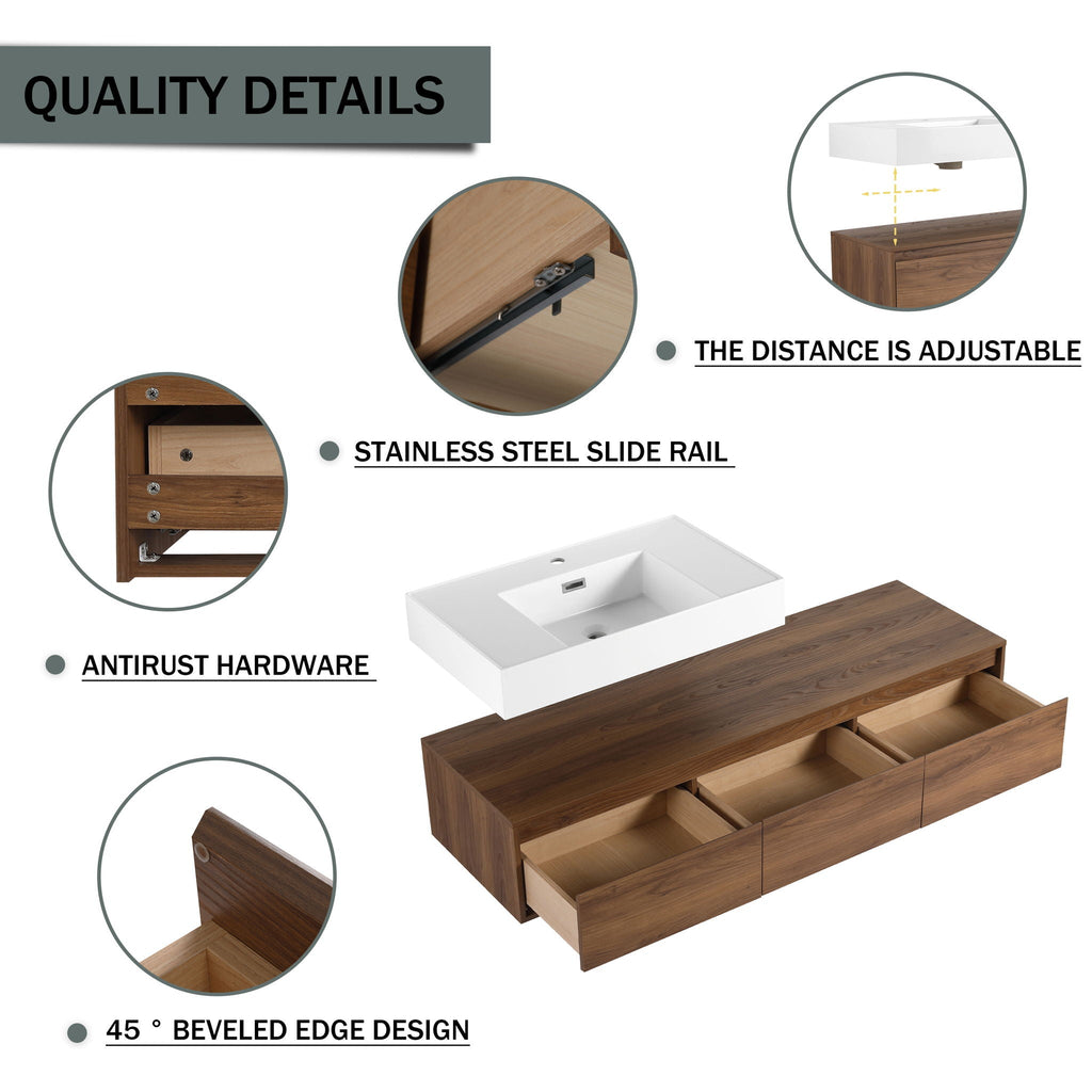 Modern Wall Mounted Bathroom Vanity With Resin Sink And Side Cabinet - Brown Ebony by Unique Piece Furniture