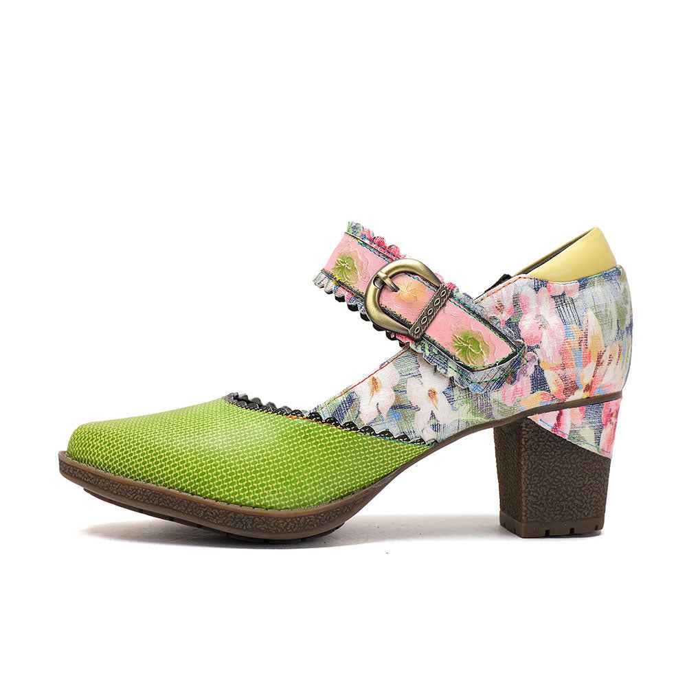 Women's Spring Heels Dress Shoes Party Round Toe Elegant Cowhide Loafer Green Pumps by Colorstepshoes