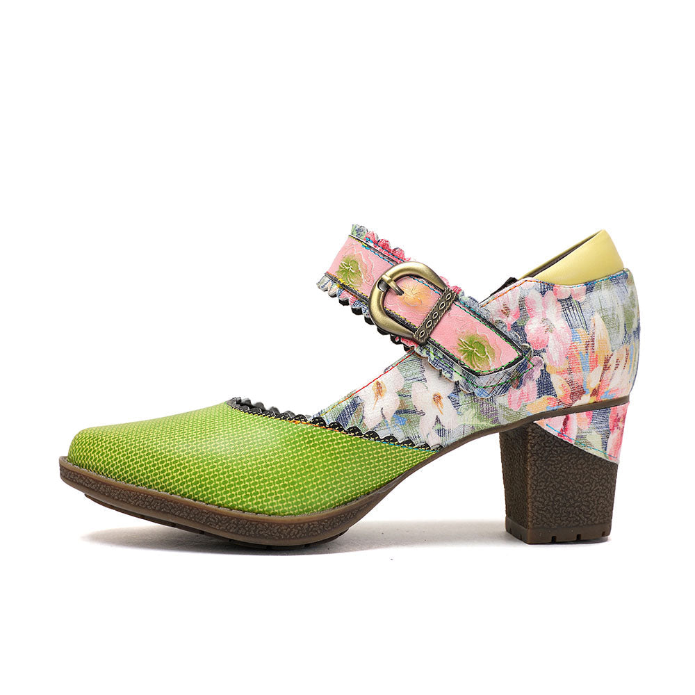 Women's Spring Heels Dress Shoes Party Round Toe Elegant Cowhide Loafer Green Pumps by Colorstepshoes
