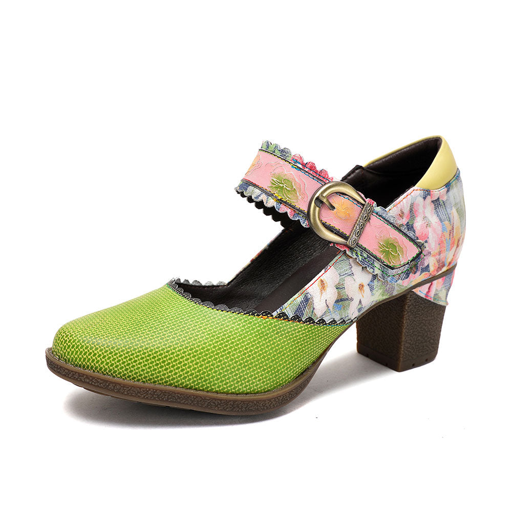 Women's Spring Heels Dress Shoes Party Round Toe Elegant Cowhide Loafer Green Pumps by Colorstepshoes
