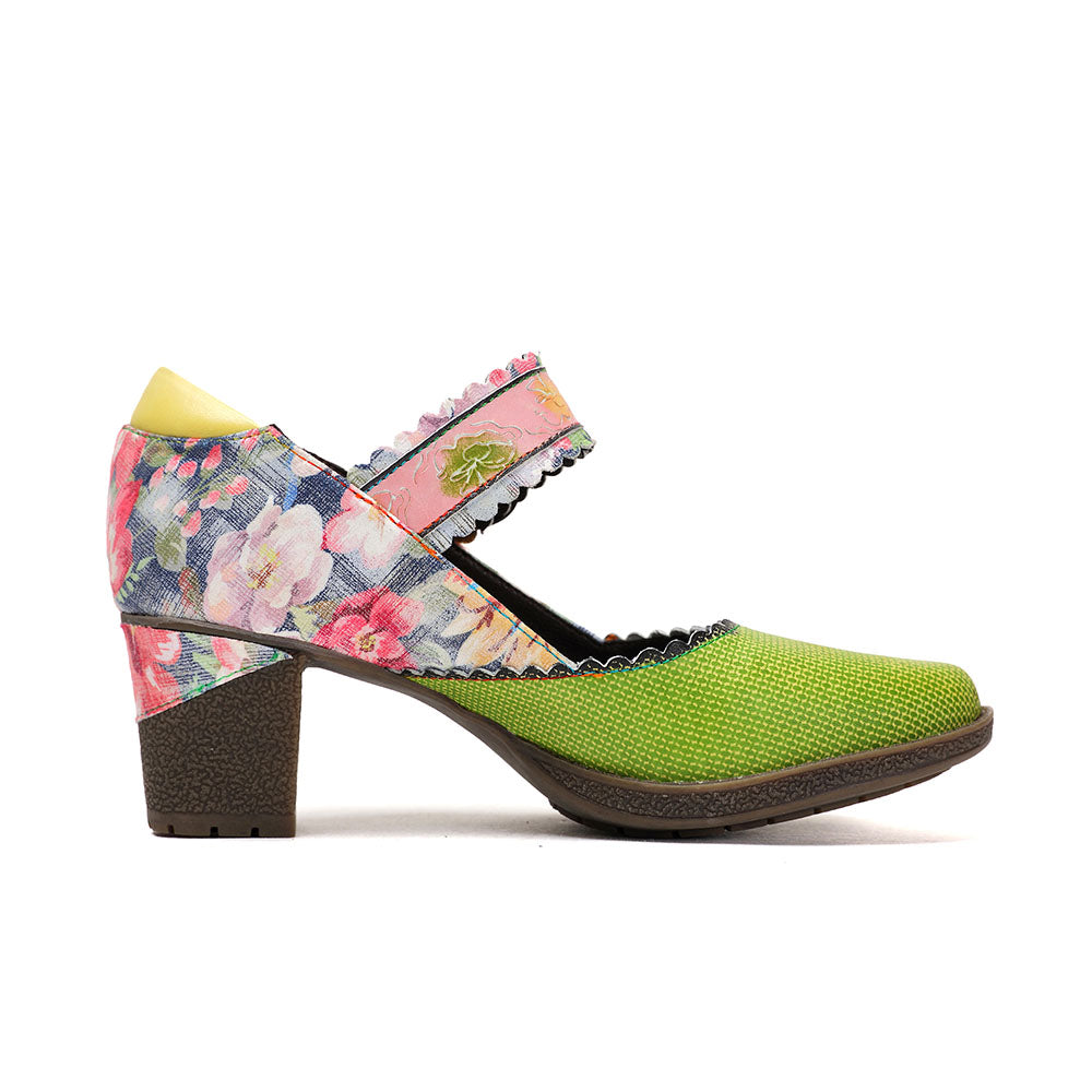 Women's Spring Heels Dress Shoes Party Round Toe Elegant Cowhide Loafer Green Pumps by Colorstepshoes