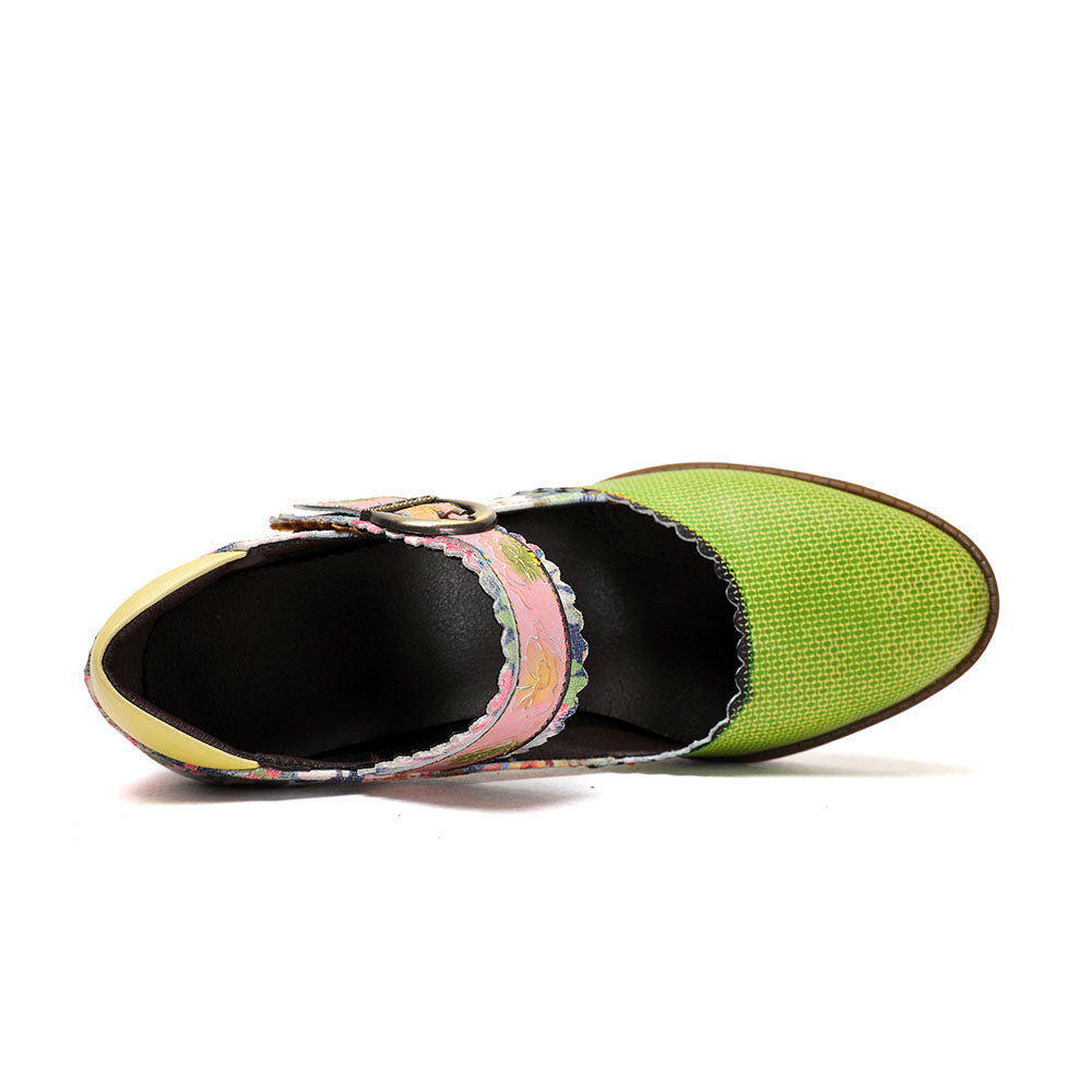 Women's Spring Heels Dress Shoes Party Round Toe Elegant Cowhide Loafer Green Pumps by Colorstepshoes