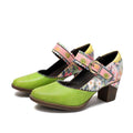 Women's Spring Heels Dress Shoes Party Round Toe Elegant Cowhide Loafer Green Pumps by Colorstepshoes