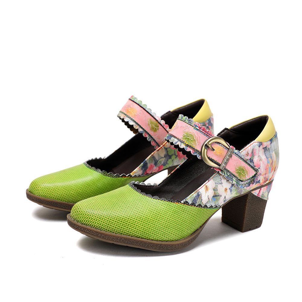 Women's Spring Heels Dress Shoes Party Round Toe Elegant Cowhide Loafer Green Pumps by Colorstepshoes
