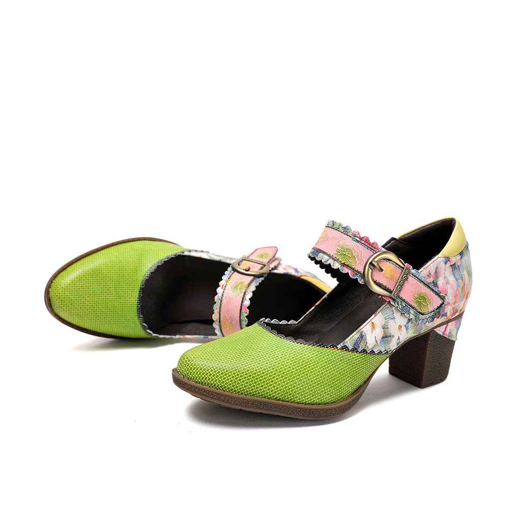 Women's Spring Heels Dress Shoes Party Round Toe Elegant Cowhide Loafer Green Pumps by Colorstepshoes