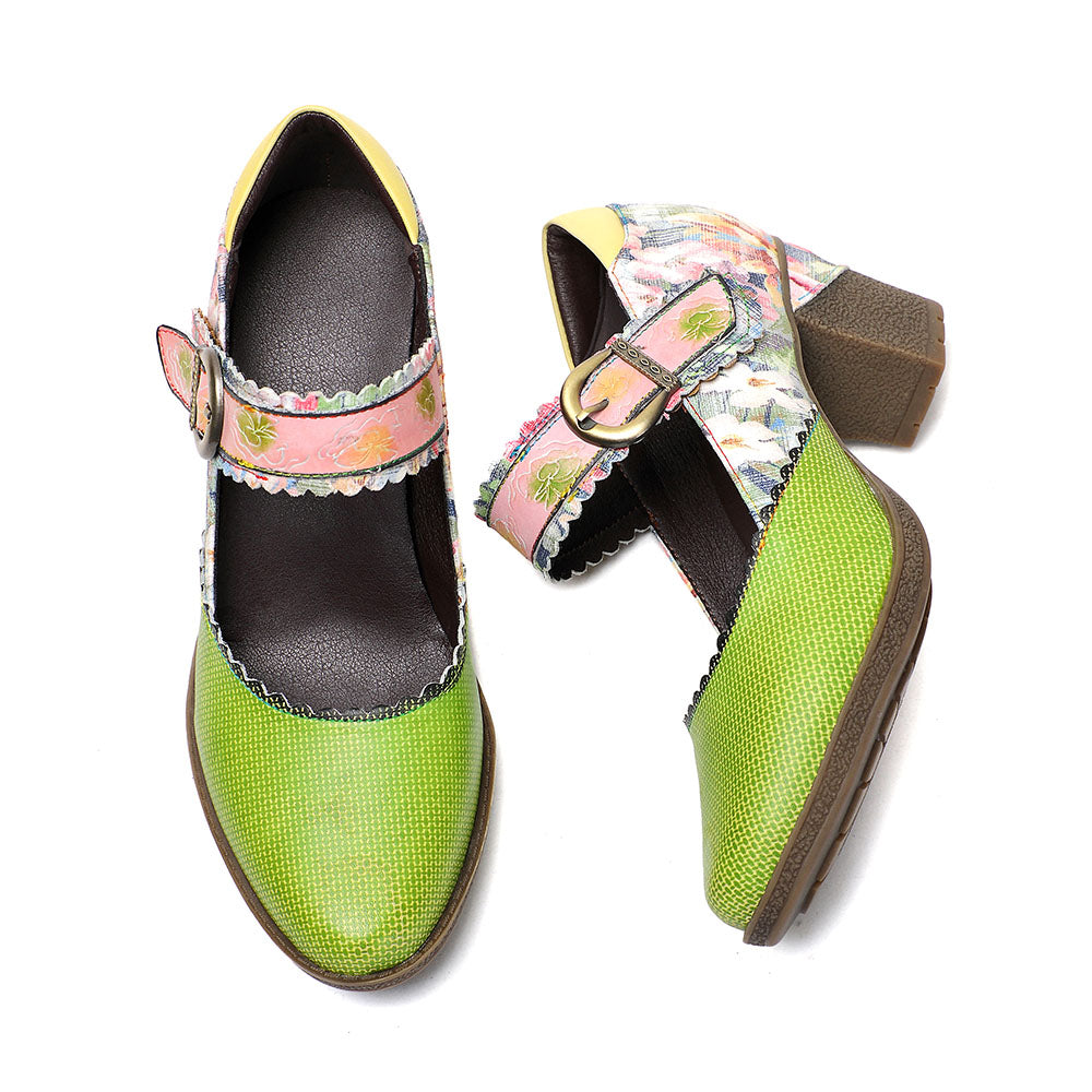 Women's Spring Heels Dress Shoes Party Round Toe Elegant Cowhide Loafer Green Pumps by Colorstepshoes