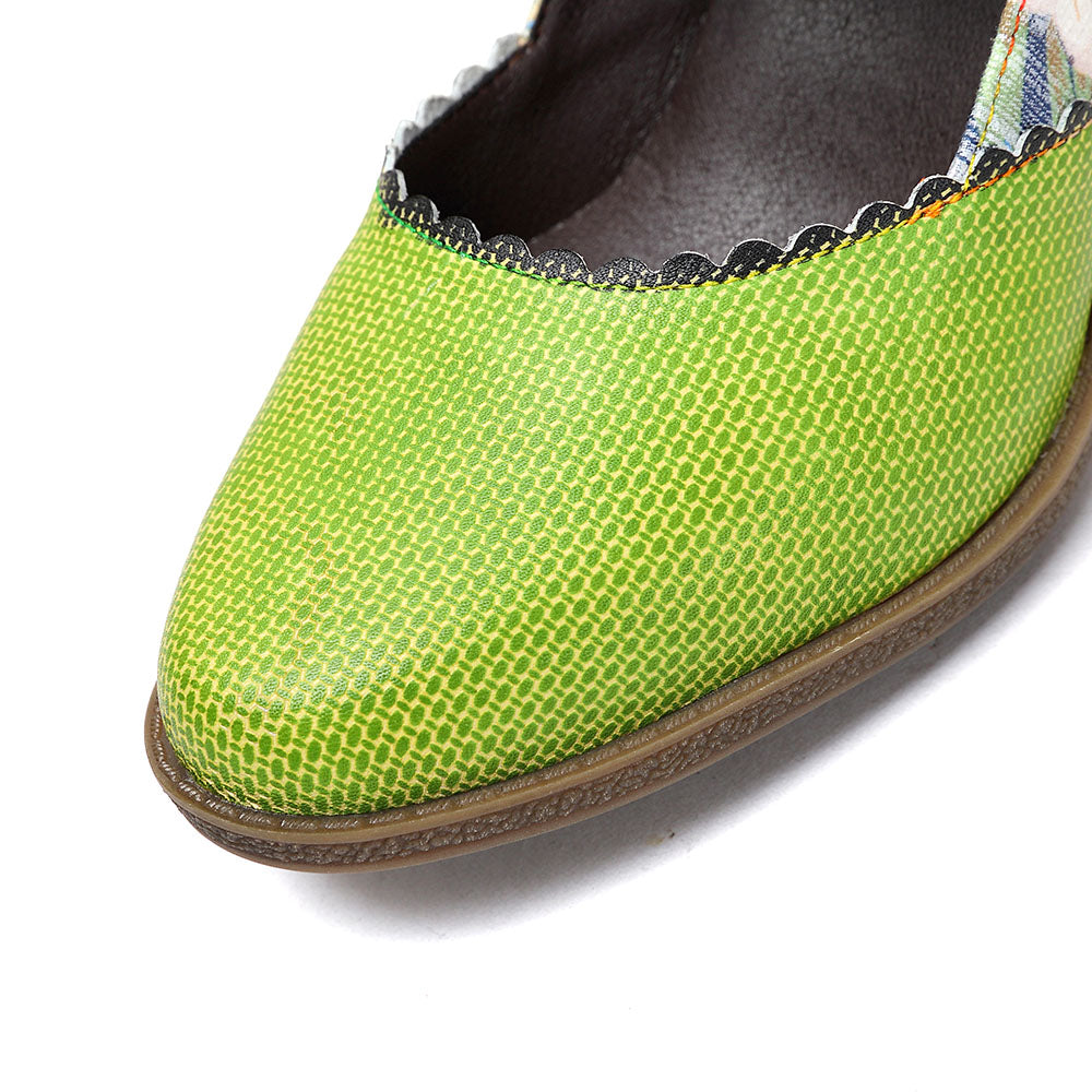 Women's Spring Heels Dress Shoes Party Round Toe Elegant Cowhide Loafer Green Pumps by Colorstepshoes