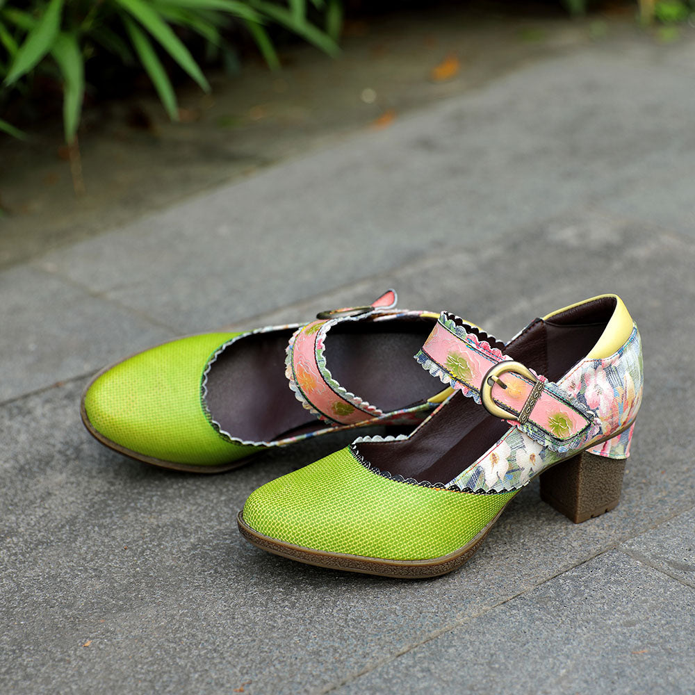 Women's Spring Heels Dress Shoes Party Round Toe Elegant Cowhide Loafer Green Pumps by Colorstepshoes