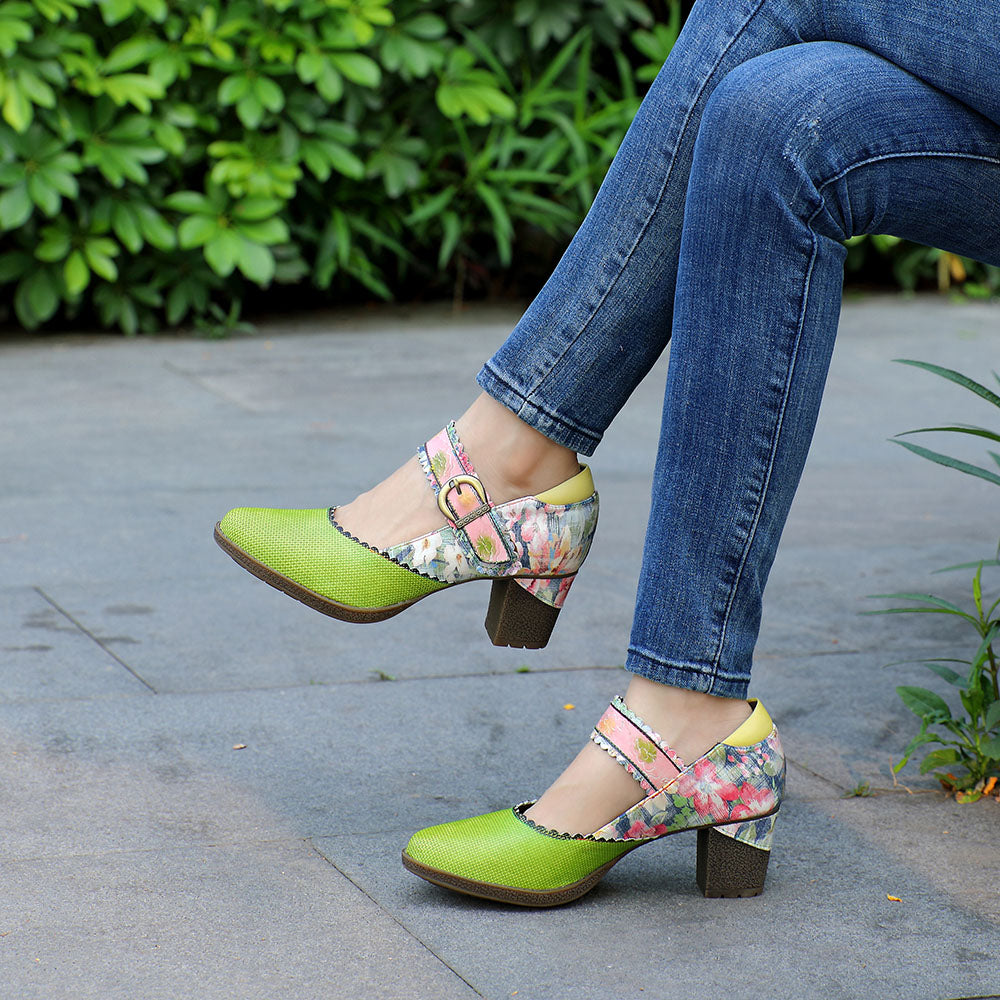 Women's Spring Heels Dress Shoes Party Round Toe Elegant Cowhide Loafer Green Pumps by Colorstepshoes