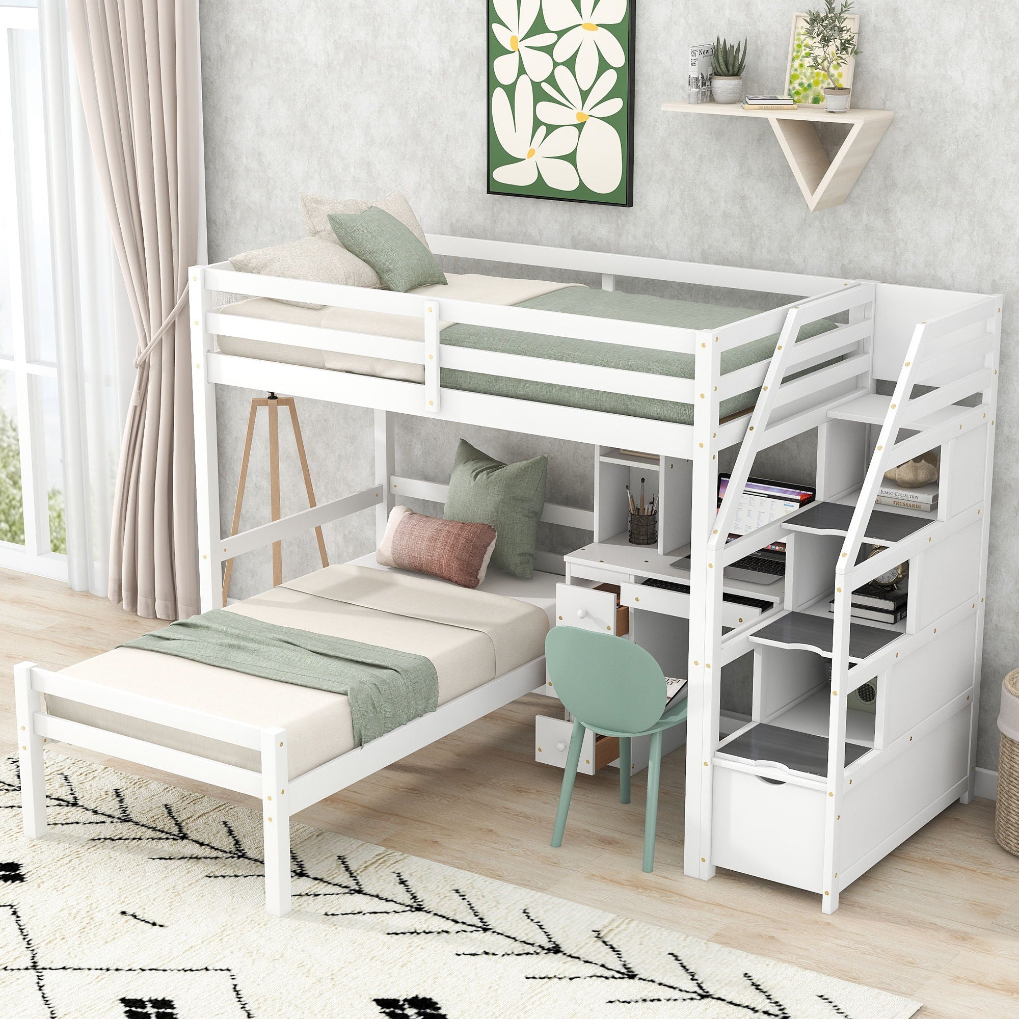 Loft Bed With Stand Alone Bed, Storage Staircase, Desk, Shelves, And Drawers by Unique Piece Furniture