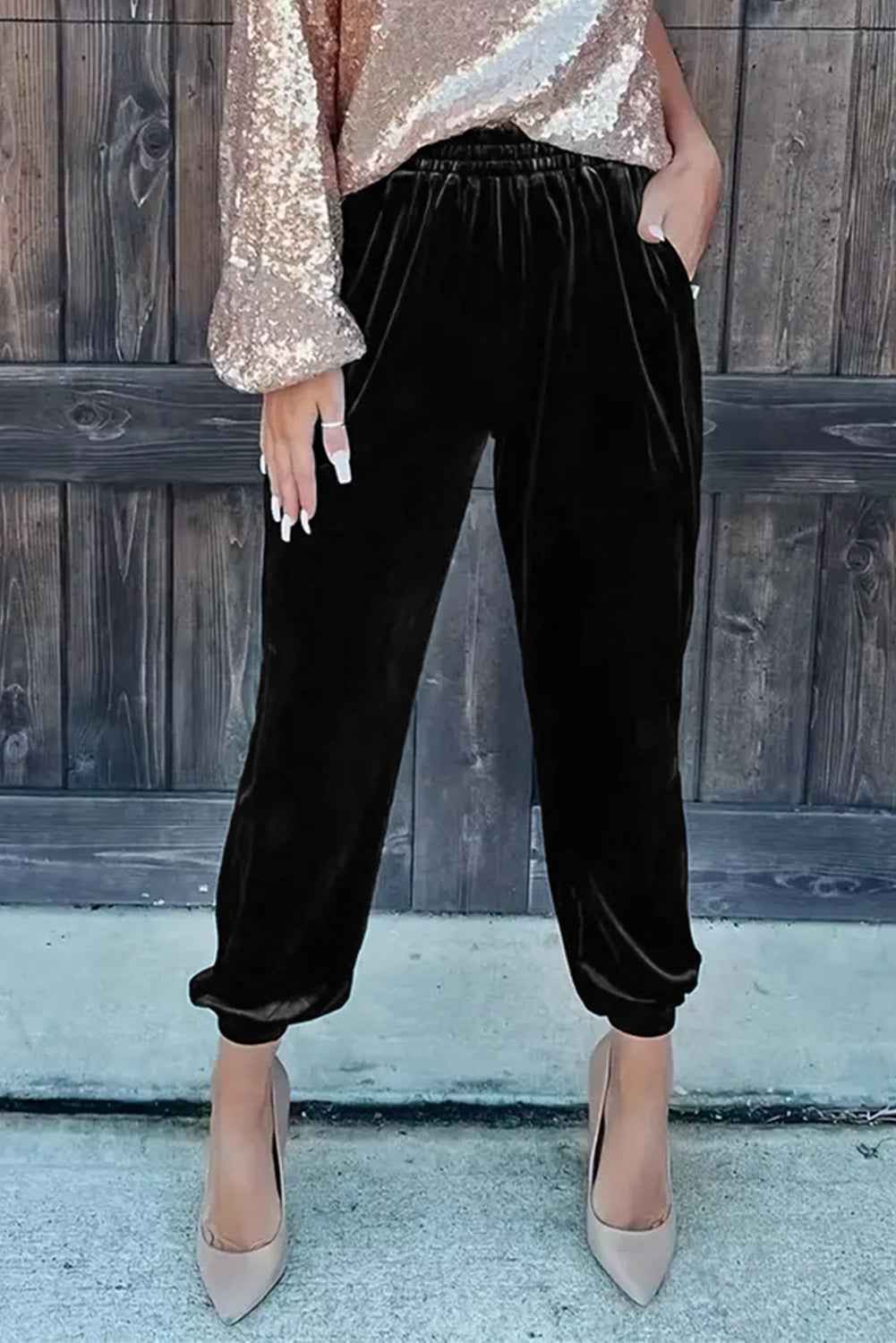 Black Solid Velvet Jogger Pants by Dear-Lover Dropshipping