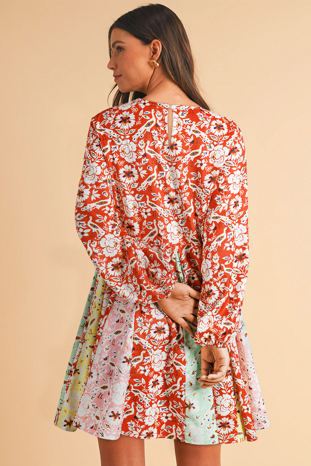 Red Colorful Floral Patchwork Long Sleeve Pleated Mini Dress by Dear-Lover Dropshipping