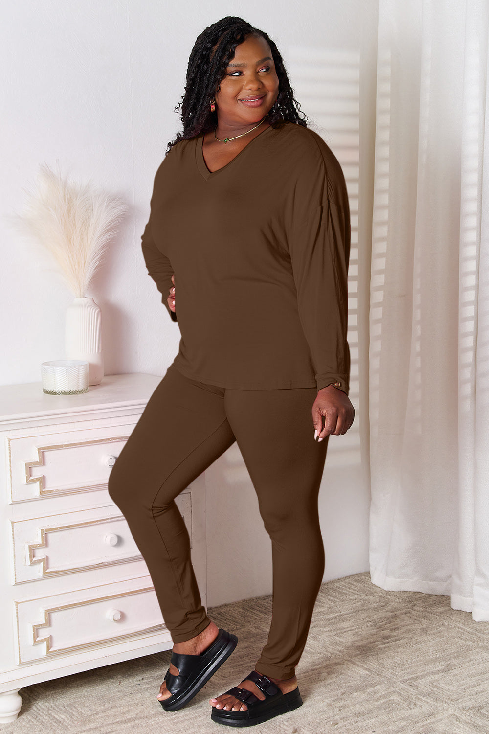Basic Bae Full Size V-Neck Soft Rayon Long Sleeve Top and Pants Lounge Set by Wild and Free Boutique