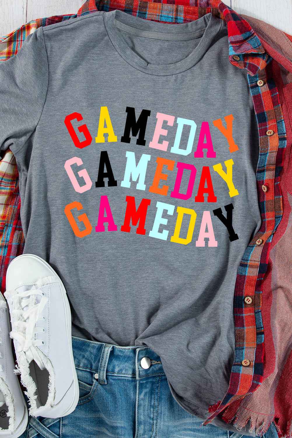 Gray Colorful GAME DAY Graphic Crew T Shirt by Wild and Free Boutique