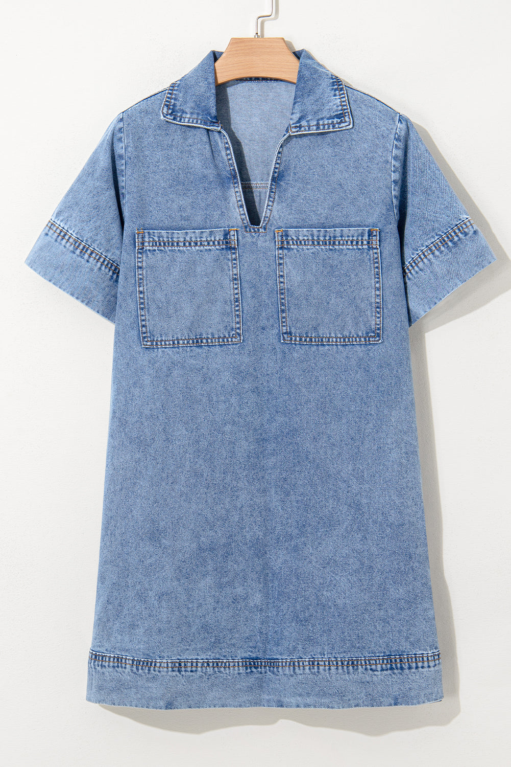 Blue Short Sleeve Collared Chest Pocket Denim Mini Dress by Wild and Free Boutique