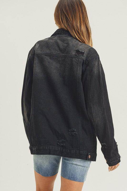 RISEN Full Size Distressed Long Sleeve Denim Jacket for Women by Selvanelle