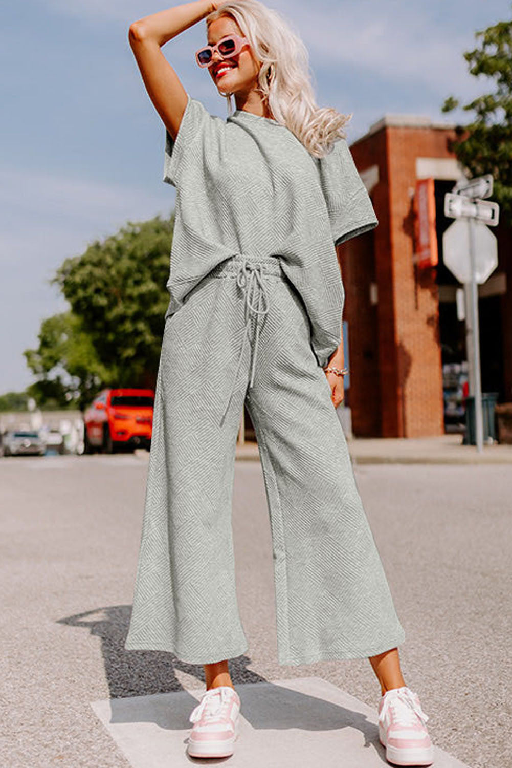 Gray Textured Loose Fit T Shirt and Drawstring Pants Set by Wild and Free Boutique