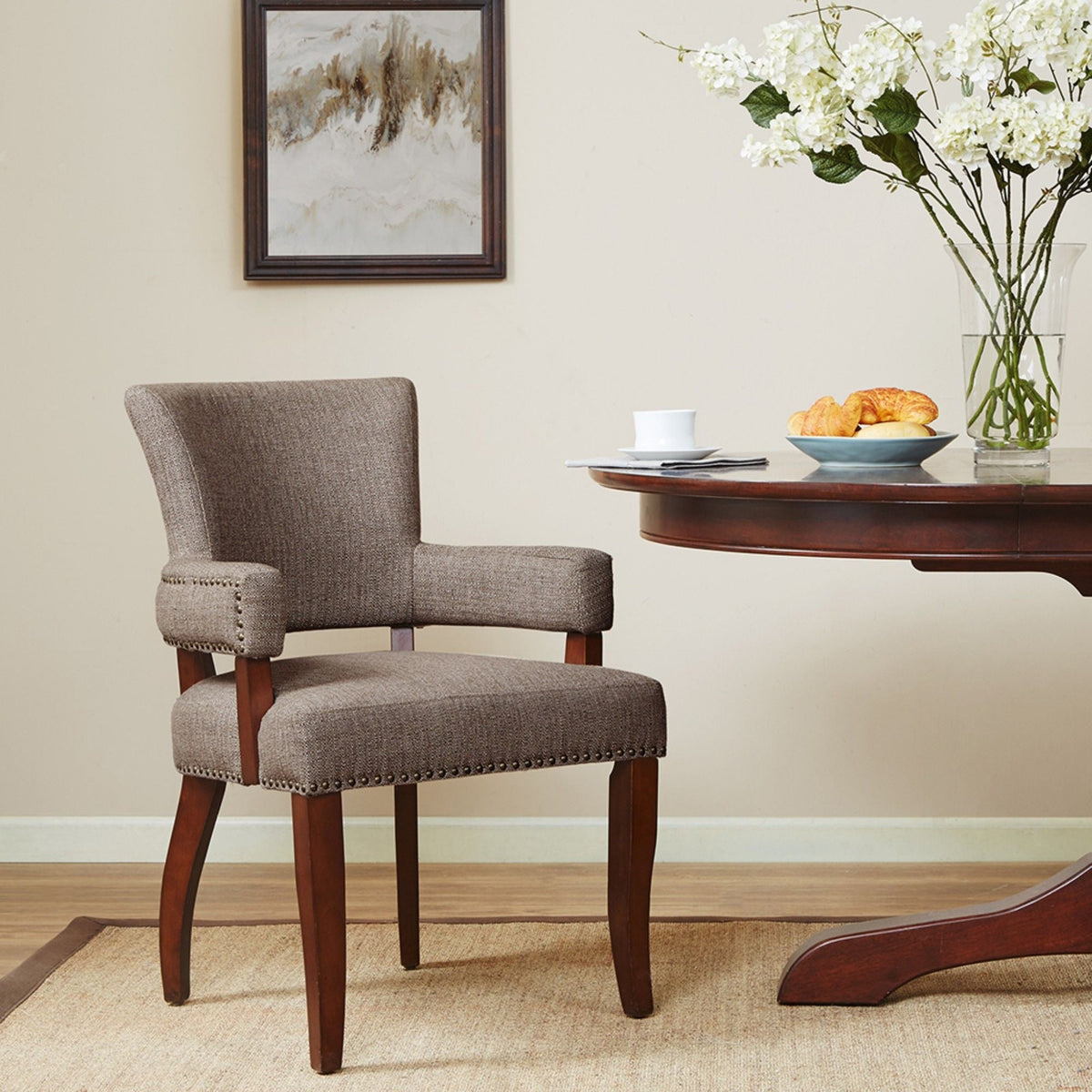 Elegant Arm Dining Chair With Brass Nail Head Detailing by Unique Piece Furniture