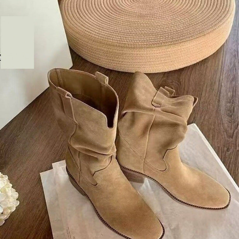 Autumn Western Pleated Short Cowhide Leather Boots for Women by FitiqueFit