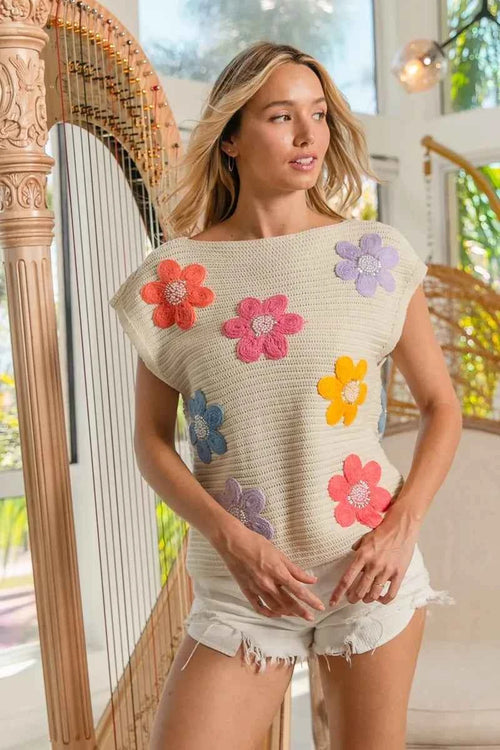 BiBi Multi Jeweled Crochet Flower Patch Sweater Vest by Wild and Free Boutique