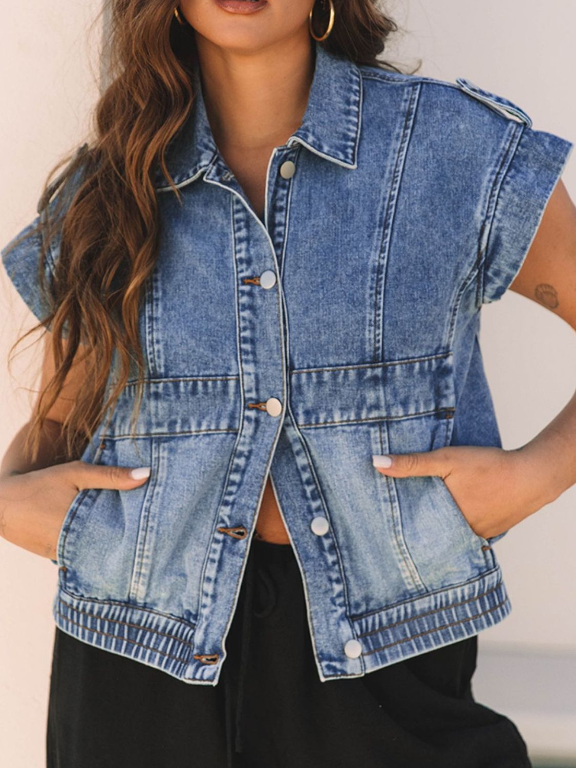 Button Up Cap Sleeve Denim Jacket by Wild and Free Boutique