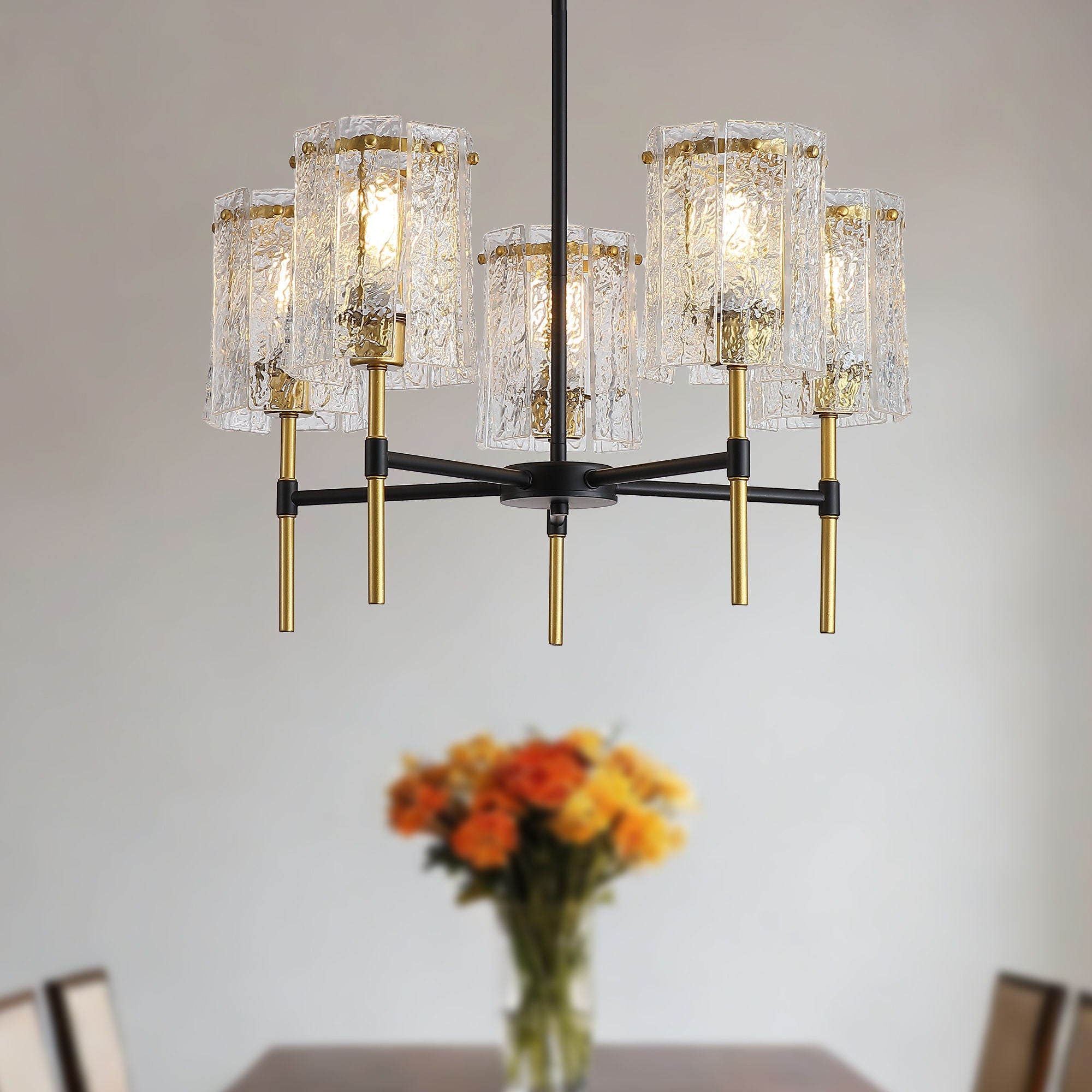 5 Light Chandelier, Textured Glass Pendant Light, (Not Including The Bulb) For Living Room - Black / Gold by Unique Piece Furniture