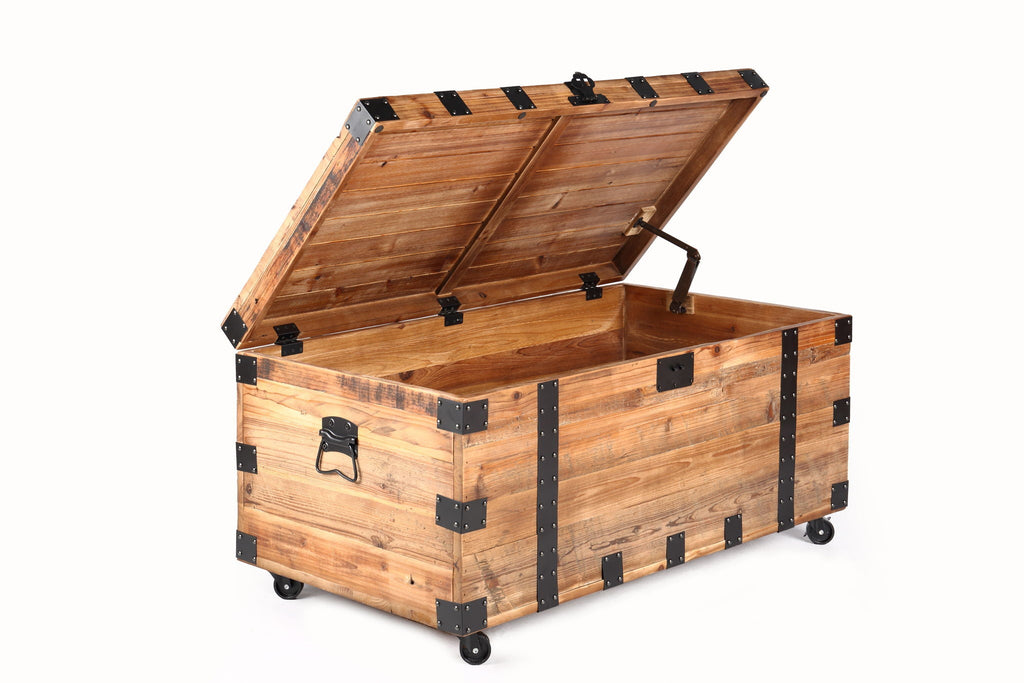Trunk Table With Four Wheel Large Capacity Storage Coffee Table - Natural / Black by Unique Piece Furniture