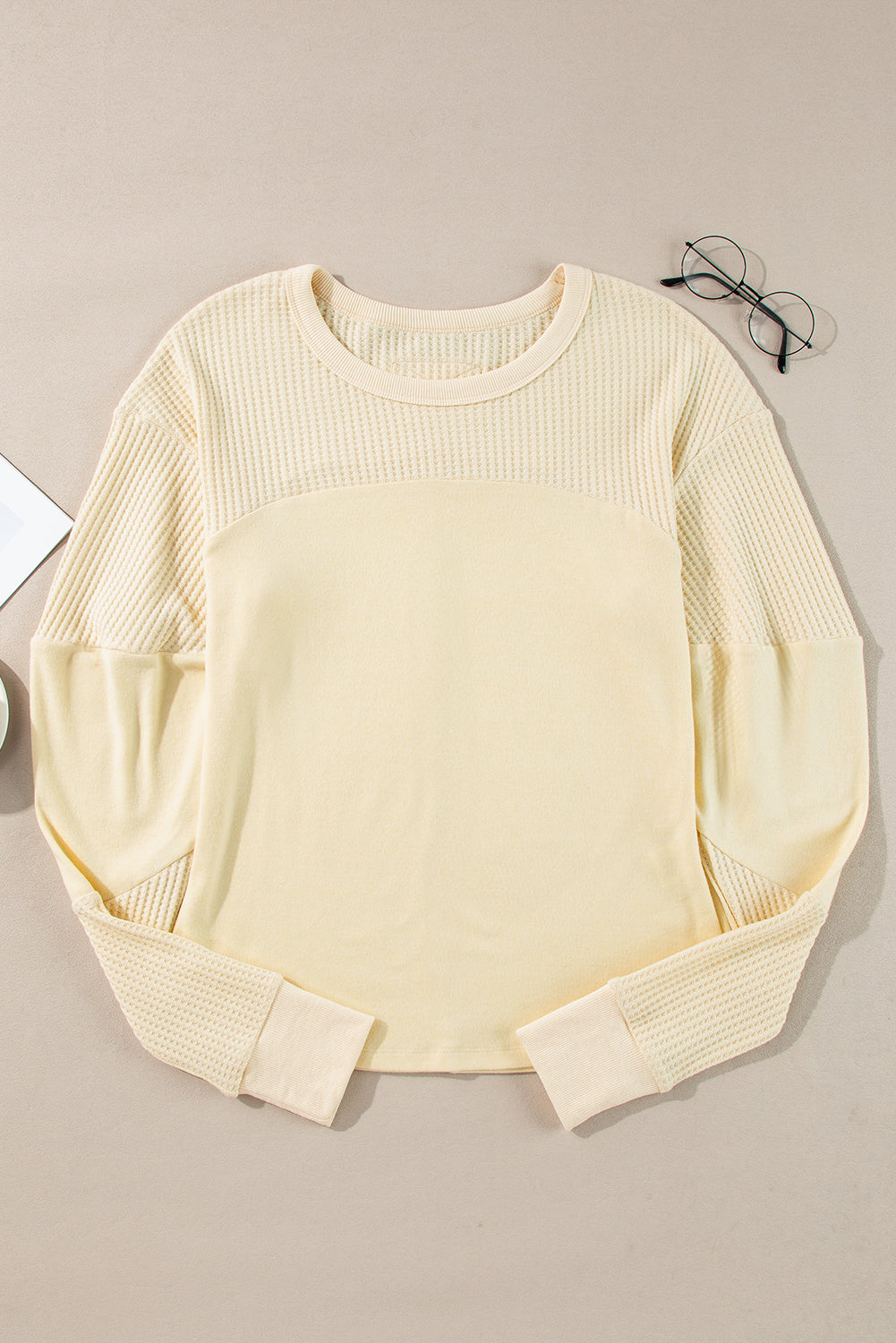 Beige Thermal Knit Patchwork Exposed Seam Long Sleeve Top by Dear-Lover Dropshipping