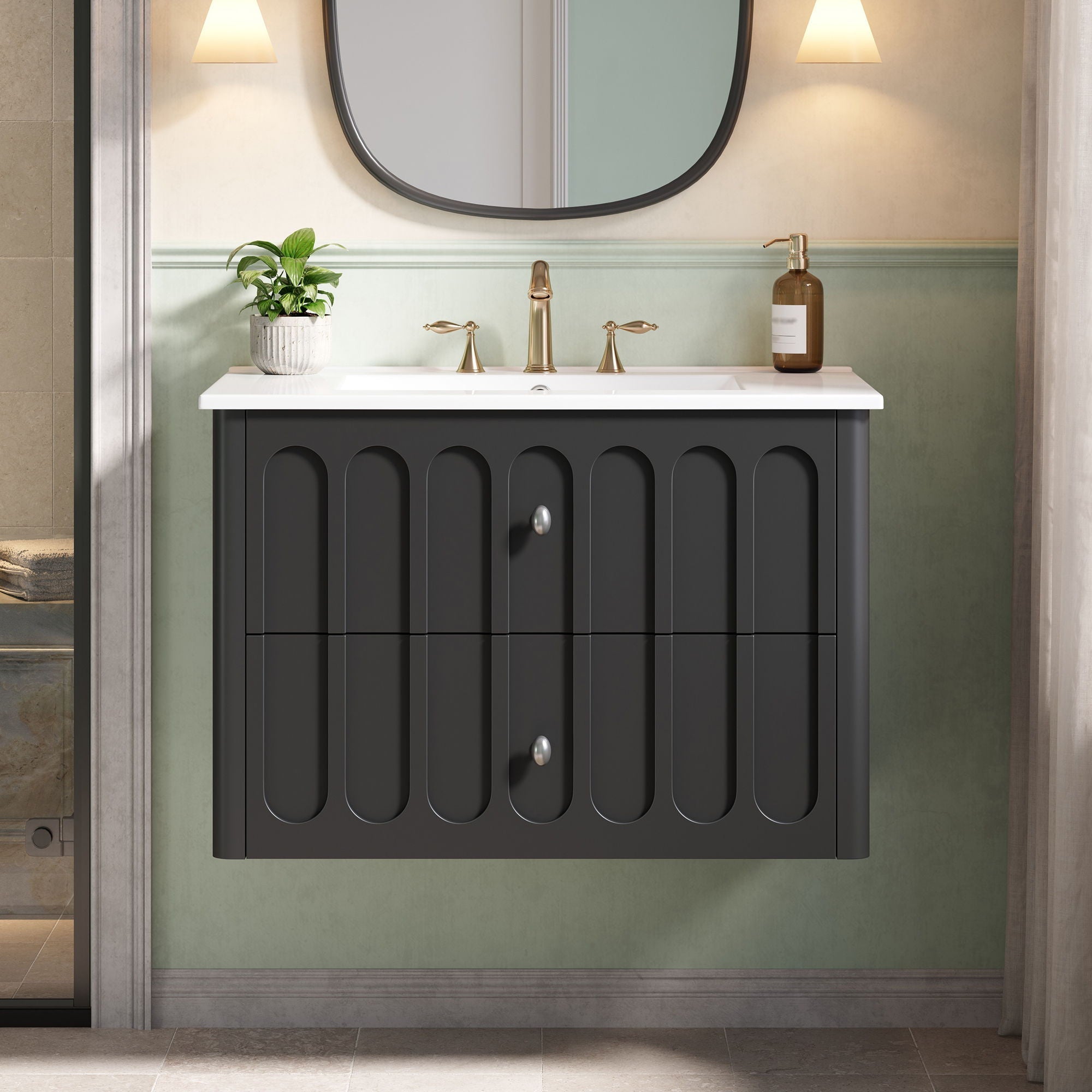 Floating Bathroom Vanity With Oval Knobs & Round Edge, Soft Close Drawer Slides by Unique Piece Furniture