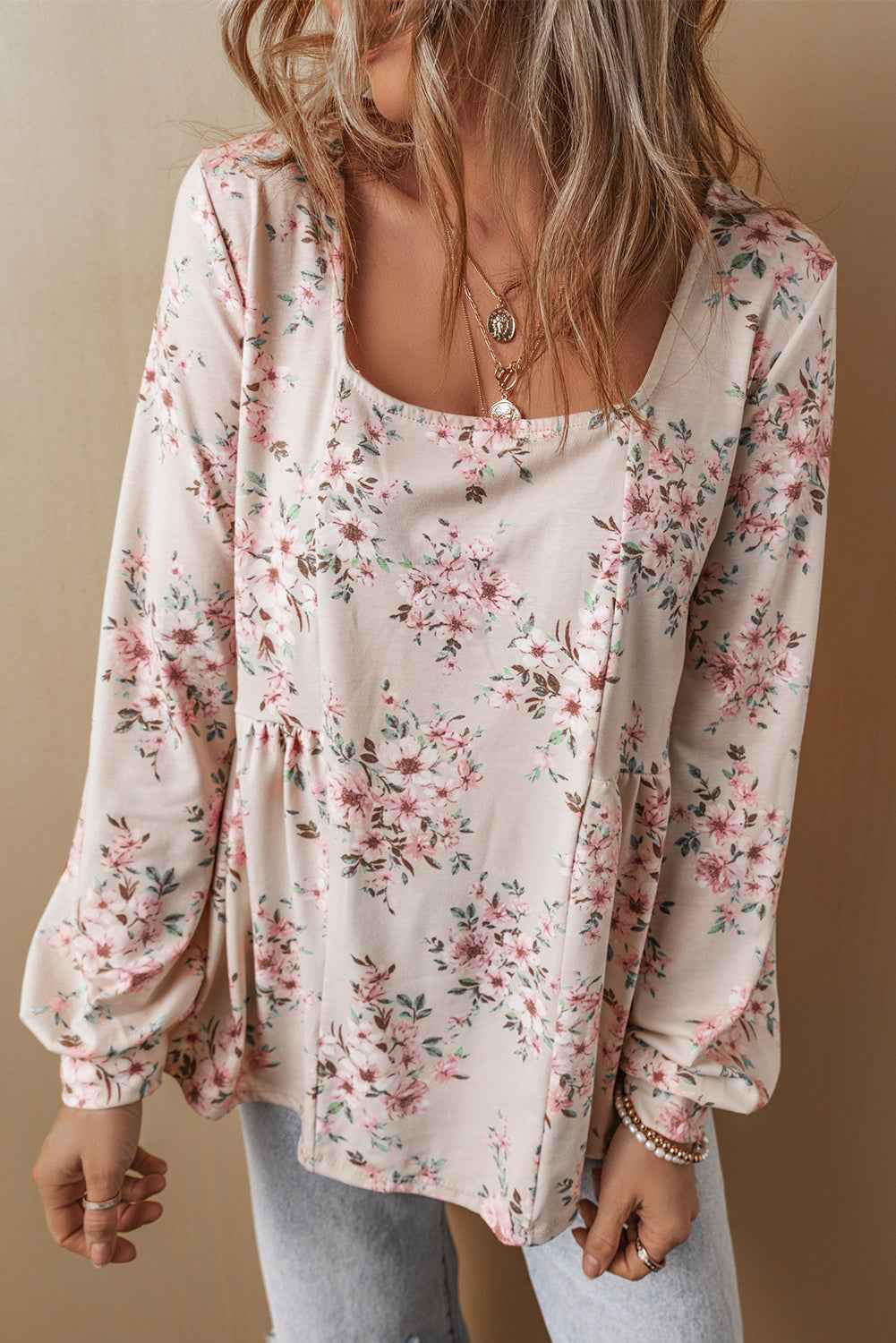 Pink Floral Print Pleated U Neck Loose Fit Blouse by Wild and Free Boutique