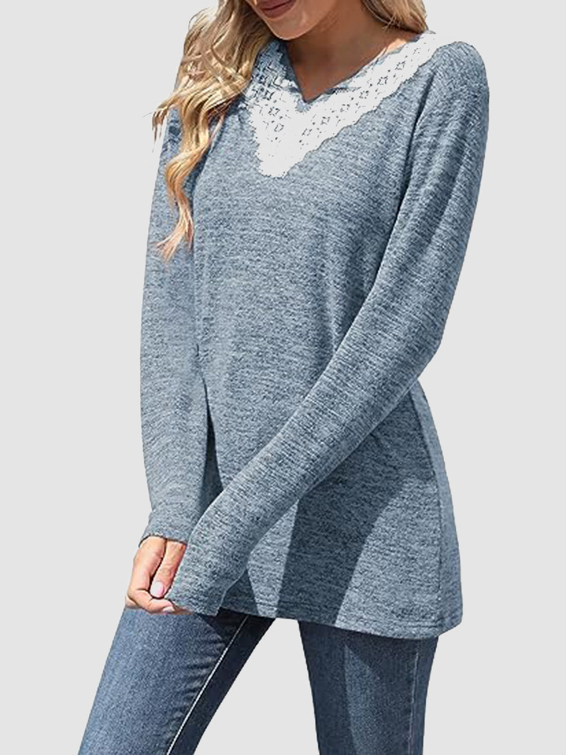 Lace Detail V-Neck Long Sleeve T-Shirt by Wild and Free Boutique