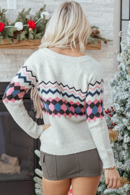 Stripe Geometric Button-Up Sweater Cardigan by The Diamond Empire LLC