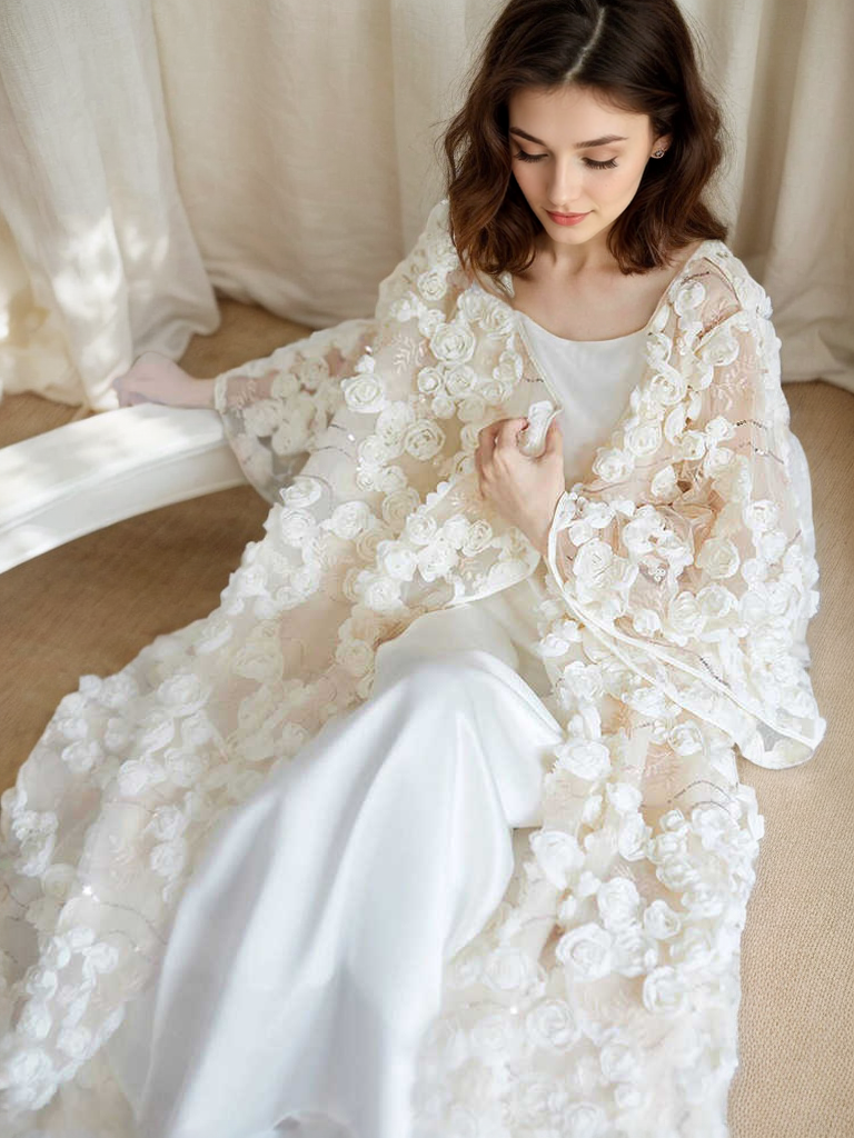 Ethereal 3D Floral Lace Bridal Robe – Elegant Sheer Wedding Cover-Up by SelenaHuanStudio