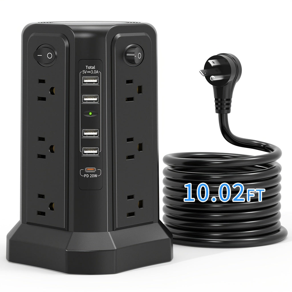 Surge Protector Tower 1800J with 4 USB A Ports, USB C (PD18W) Port, 12 AC Outlets and 10FT Cord by DailySale
