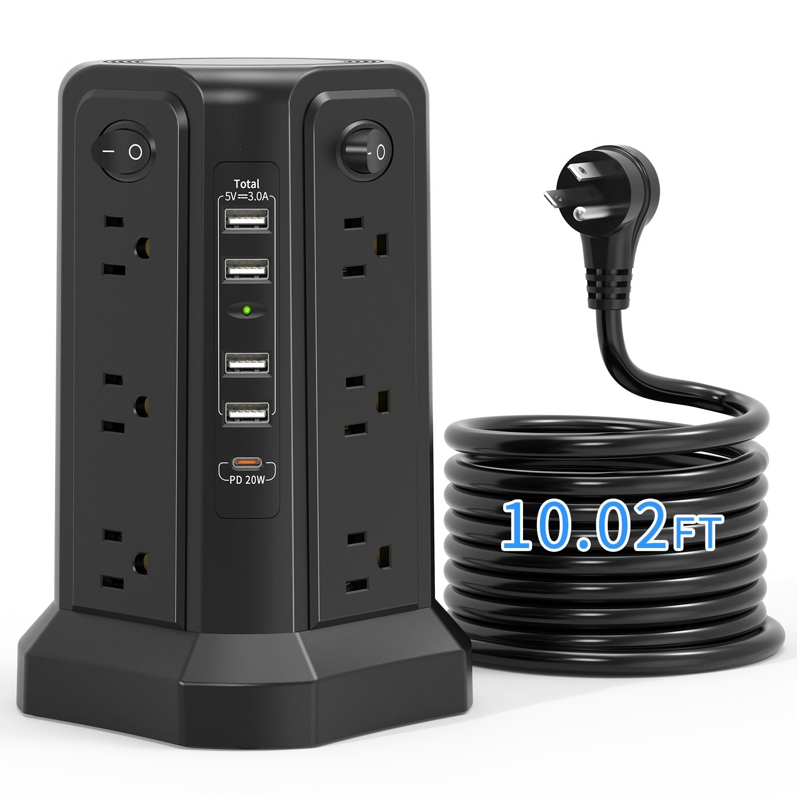 Surge Protector Tower 1800J with 4 USB A Ports, USB C (PD18W) Port, 12 AC Outlets and 10FT Cord by DailySale