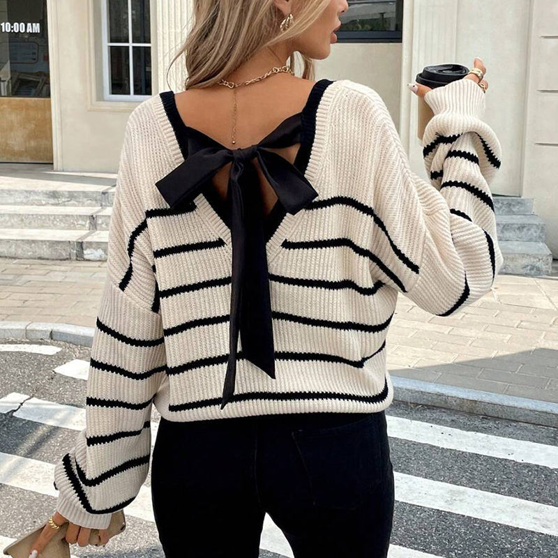 Women’s Striped V-Neck Sweater with Back Bow by FitiqueFit